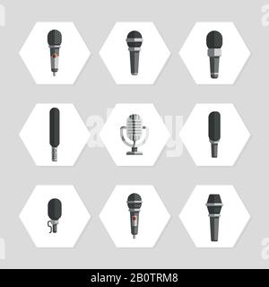 Icônes de microphones - ensemble d'icônes de microphones plats. Collection de microphones rétro vintage. Illustration vectorielle Illustration de Vecteur