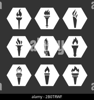 Lampe torche plate grise avec jeu d'icônes de flamme. Collection d'icônes de torche monochrome. Illustration vectorielle Illustration de Vecteur