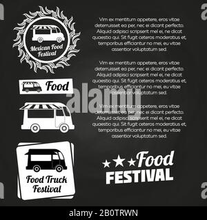 Affiche du festival de la nourriture de tableau de surveillance avec étiquettes et camions de nourriture. Illustration vectorielle Illustration de Vecteur