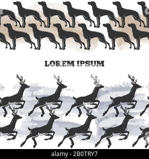 Motif transparent avec chiens et déers et détails aquarelle. Illustration vectorielle Illustration de Vecteur