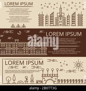 Modèle de bannières horizontales avec paysage urbain d'art de ligne. Bannière architecturale avec illustration maison Illustration de Vecteur