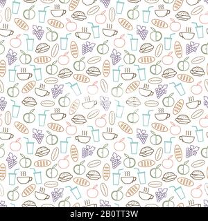 Cuisine et boissons motif sans couture - texture sans coutures avec hamburgers, boissons, pain et fruits. Illustration vectorielle du petit déjeuner en arrière-plan Illustration de Vecteur