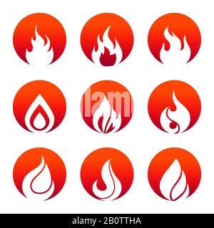 Icônes de feu blanc plat dans le motif rouge rondes. Collection de chants de flamme. Illustration vectorielle Illustration de Vecteur