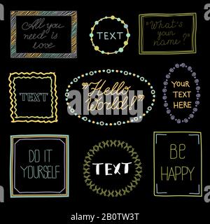 Cadres de Doodle avec texte - citation tirée à la main cadres vintage sur fond noir. Illustration vectorielle Illustration de Vecteur