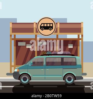 Illustration d'un minibus de style plat à l'arrêt de bus. Transport de passagers pour le vecteur de voyage et de voyage Illustration de Vecteur