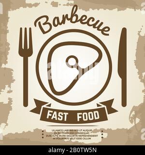 Affiche vintage avec étiquette de babegue avec viande, fourche, couteau et signe de lettrage. Illustration vectorielle barbecue bannière Illustration de Vecteur