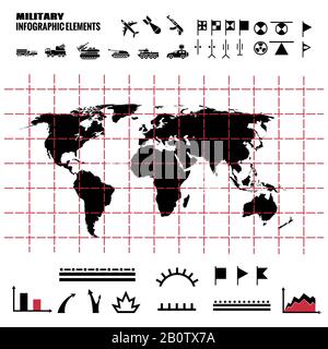 Éléments infographiques militaires avec carte du monde et icônes. Carte du monde noir. Illustration vectorielle Illustration de Vecteur