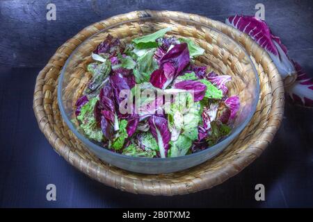 studio pinceau lumineux avec photo de chicorée mélangée dans un bol en verre à l'intérieur d'un panier en osier Banque D'Images