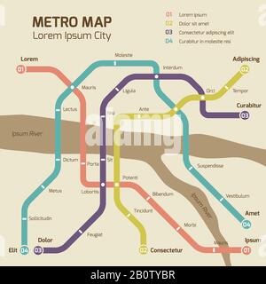 Couleurs vintage métro map Vector concept. Illustration de la carte ferroviaire plate Illustration de Vecteur