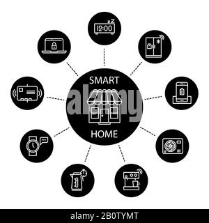 Concept de maison intelligent avec icônes de ligne fine. Illustration du système électronique de technologie domestique Illustration de Vecteur