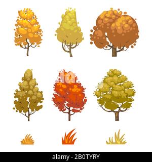 Arbres d'automne de style dessin animé et herbe isolée sur fond blanc. Collection d'arbres, illustration vectorielle Illustration de Vecteur