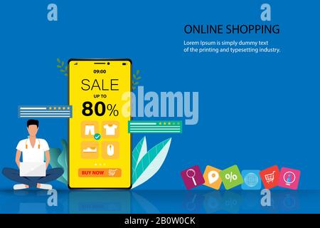 Concept d'affaires des achats en ligne, un homme recherche sur son ordinateur portable pour trouver un nouveau pantalon et s'asseoir près d'un grand smartphone qui contient 80% de réduction. Illustration de Vecteur