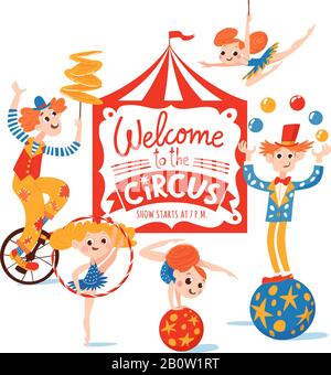 Welcom à l'affiche vectorielle de cirque avec lettres et personnages mignons de dessin animé Illustration de Vecteur