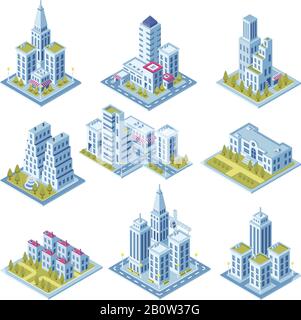 Architecture urbaine isométrique, bâtiment urbain, jardin paysager et gratte-ciel de bureau. Bâtiments pour jeu vectoriel de cartes routières en trois dimensions Illustration de Vecteur
