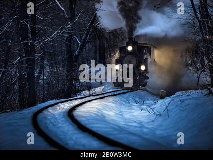 Budapest, Hongrie - Belle scène forestière d'hiver avec neige et vieille locomotive à vapeur sur la piste dans les bois hongrois de Huvosvolgy la nuit Banque D'Images