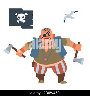 Voleur pirate. Pirate musculaire Shorty avec deux axes de bataille illustration vectorielle de dessin animé plat sur fond blanc. Illustration de Vecteur