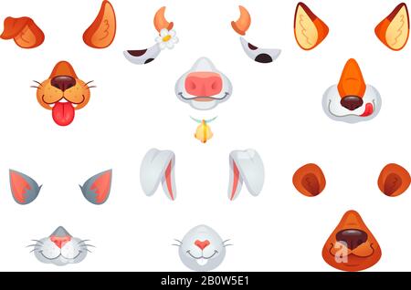 Masques pour animaux. Chat vidéo chien, chat, renard, ours, lapin et masque de vache. Filtre visage photo de téléphone avec oreilles d'animaux et jeu de vecteurs de nez Illustration de Vecteur