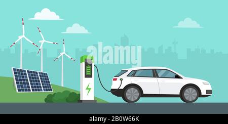 Chargement de voitures électriques à la station, panneaux solaires, éoliennes et la ville en arrière-plan, technologie innovante et concept d'énergie alternative Illustration de Vecteur