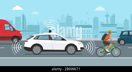 Voiture auto-conduite se déplaçant dans la rue de la ville à l'aide de GPS et de capteurs, concept de technologie automobile Illustration de Vecteur