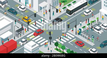 Transport intelligent, personnes et véhicules se déplaçant dans les rues de la ville à l'aide de capteurs, iot et concept de ville intelligent Illustration de Vecteur