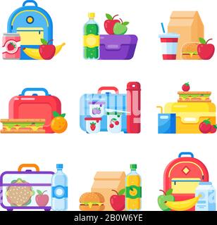 Boîte à déjeuner pour l'école pour enfants. Sac repas Schoolkid pour le dîner. Pomme rouge, repas d'en-cas au lait dans les boîtes alimentaires pour enfants ensemble vectoriel plat Illustration de Vecteur