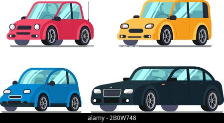 Différentes voitures plates. Voiture automobile bon marché sur roues, berline hybride familiale passager suv luxe véhicule Premium illustration vectorielle Illustration de Vecteur