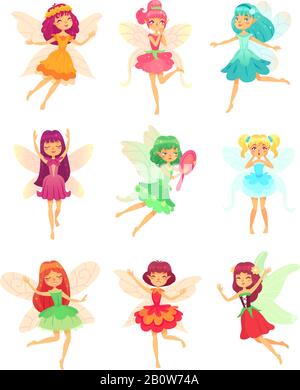 Fée de dessin animé filles. Jolies fées dansant dans des robes colorées. Magic volant de petites créatures personnages avec ailes vecteur ensemble Illustration de Vecteur