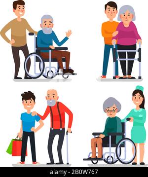 Aidez les personnes âgées handicapées. Le travailleur social de la communauté bénévole aide les personnes âgées en fauteuil roulant, les personnes âgées avec une illustration vectorielle de canne Illustration de Vecteur