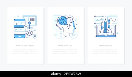 Pensez numérique - lignes vectorielles design bannières de style ensemble avec place pour le texte. Idées de développement et de conception de sites Web. Illustrations linéaires avec icônes. Application mobile Illustration de Vecteur