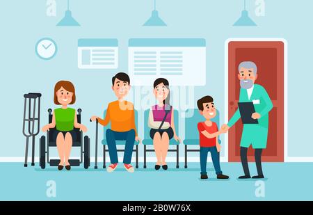 Salle d'attente du médecin. Les patients attendent les médecins et l'aide médicale sur les chaises de l'hôpital. Illustration vectorielle patient à la salle de clinique occupée Illustration de Vecteur
