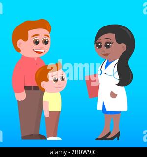 Père et petit fils rencontrent un médecin de famille. Pédiatre féminin. Tout le monde souriait. Illustration vectorielle de dessin animé. Illustration de Vecteur