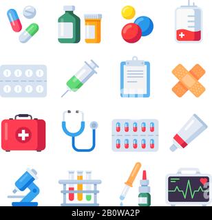 Icônes de pilule plates. Dose de médicament pour le traitement. Flacon de médecine et pilules sous plaquettes thermoformées ensemble d'icônes de dessin animé Illustration de Vecteur