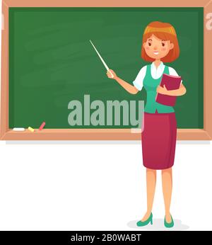 Tableau de surveillance et professeur. Professeur de femme enseigne au tableau noir. Leçons femme enseignants à l'illustration vectorielle de dessin animé du conseil scolaire Illustration de Vecteur