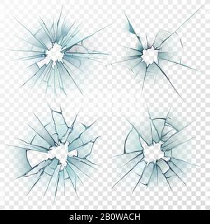 Verre cassé. Texture fissurée sur le rétroviseur, vitres écrasées ou pare-brise de voiture endommagé. Jeu de vecteurs de trous de fissure réaliste Illustration de Vecteur