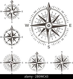 Compas nautique rétro. Rose vintage du vent pour la carte du monde de la mer. Les flèches ouest et est ou sud et nord symbolisent un ensemble de vecteurs isolés Illustration de Vecteur