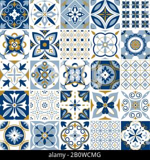 Modèle marocain. Décoration en mosaïque avec ornement bleu. Ensemble vectoriel traditionnel de poterie arabe et indienne avec motifs sans couture Illustration de Vecteur