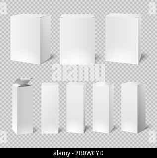 Cases blanches vierges. Médicaments rectangulaires et emballages de produits cosmétiques. maquettes de boîtes isolées vectorielles en trois dimensions Illustration de Vecteur