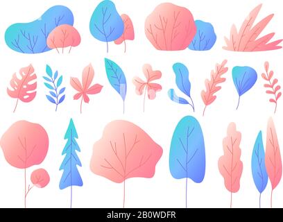 Feuilles plates minimales avec gradients. Arbres de gradation des couleurs, buissons et feuilles naturelles. Ensemble vectoriel de conception floristique ou botanique Illustration de Vecteur