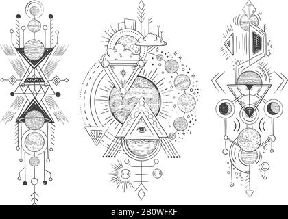 Esquisse de planète du système solaire. Défilé de planètes, phases de lune et astrologie dessinée à la main. Illustration vectorielle tatouage astrologique Illustration de Vecteur