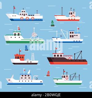 Bateaux de pêche à plat. Navires de pêche commerciale, industrie des fruits de mer et collection de vecteurs de bateaux de pêche Illustration de Vecteur