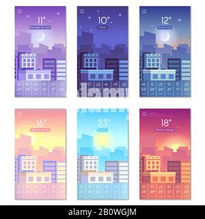 Jour et nuit. Fond d'écran de téléphone de jour de dessin animé avec des bâtiments de ville, le soleil, la lune et le ciel d'étoiles. Toile de fond vectorielle météo pour écran de smartphone Illustration de Vecteur