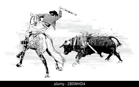 Taureau sur cheval avec taureau pendant la corrida au Portugal - illustration vectorielle (Idéal pour l'impression sur tissu ou papier, affiche ou papier peint, maison déc Illustration de Vecteur