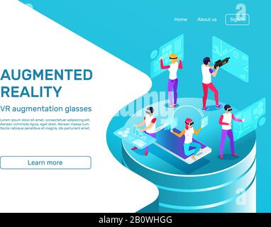 Les personnes isométriques qui apprennent et travaillent sur des gadgets mobiles pour micro-casques et oreillettes en réalité augmentée. Illustration vectorielle des lunettes d'augmentation VR Illustration de Vecteur