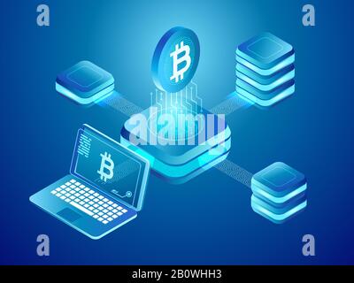 Technologie Blockchain. Exploration des pièces de monnaie Cryptocurrency, réseau distribué sécurisé de blocs de mines connectés illustration isométrique vectorielle Illustration de Vecteur