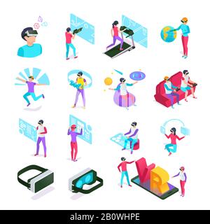 Divertissement numérique VR cyberspace micro-casque ordinateur. Lunettes de réalité augmentée ou virtuelle sur un ensemble de vecteurs isométriques Illustration de Vecteur