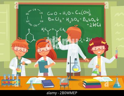 Les enfants de l'école étudient la chimie. Enfants élèves qui étudient la science et l'écriture à l'illustration vectorielle de dessin animé de tableau noir de classe laboratoire Illustration de Vecteur