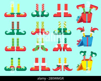 Pieds d'elf de Noël. Chaussures pour pieds en elve, aides du Père Noël jambe naine dans le pantalon. Noël présent et cadeaux ensemble vectoriel isolé Illustration de Vecteur