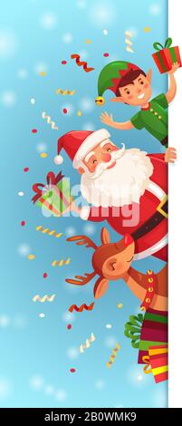 Personnages de dessin animé de Noël. Santa Claus, personnage de Noël elf et renne avec fond vectoriel de panneau de signe de la barre latérale du nez rouge Illustration de Vecteur