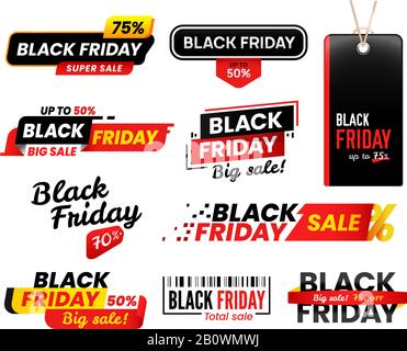 Étiquettes du vendredi noir. Autocollant de vente pour Thanksgiving fridays ventes, étiquettes de shopping autocollants étiquettes dessins vectoriel ensemble Illustration de Vecteur