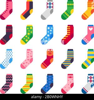 Chaussettes plates. Chaussettes longues pour pieds d'enfant, tissu élastique coloré et rayures chaud vêtements de cheville pour enfants ensemble d'icônes vectorielles Illustration de Vecteur